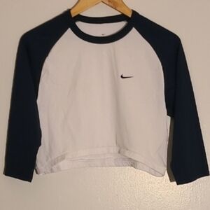 Nike Women’s Cropped Raglan Top White Navy Dri-FIT Size L